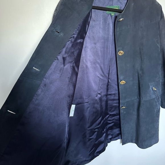 Vintage Danier Leather Suede Navy Blue Jacket Military Button Up Shoulder Pads - Picture 13 of 16
